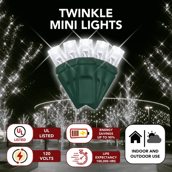 LED Mini Lights 5MM Pure White Twinkle on Green Wire with 6 Inch Spacing