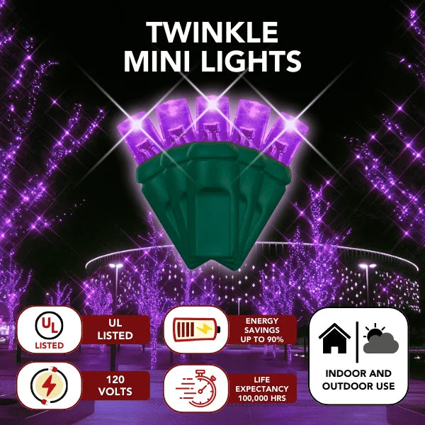 Close-up view of LED Mini Lights 5MM Purple Twinkle on green wire with 6 inch spacing