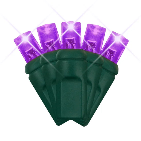 Close-up view of LED Mini Lights 5MM Purple Twinkle on green wire with 6 inch spacing