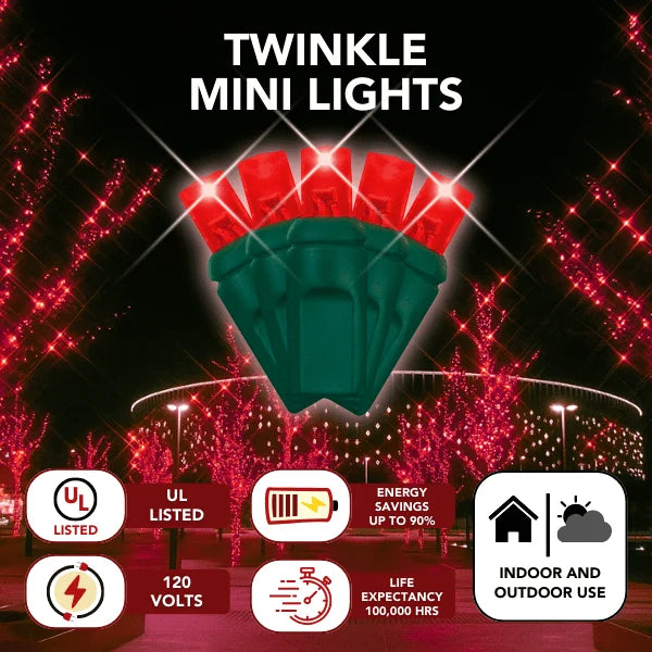 LED Mini Lights 5MM Red Twinkle on Green Wire with 6 Inch Spacing, 50 Bulbs per Strand