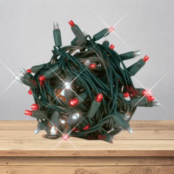 LED Mini Lights 5MM Red and Cool White Twinkle on Green Wire with 6 inch spacing