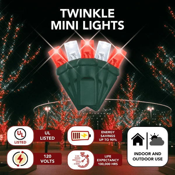 LED Mini Lights 5MM Red and Cool White Twinkle on Green Wire with 6 inch spacing