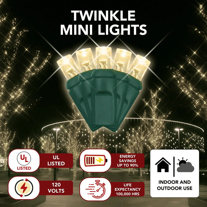 LED Mini Lights 5MM Warm White Twinkle on Green Wire with 6 Inch Spacing
