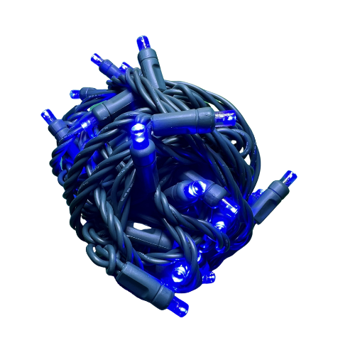 LED Mini Lights in Blue with 6 inch spacing, 50 bulbs on green wire