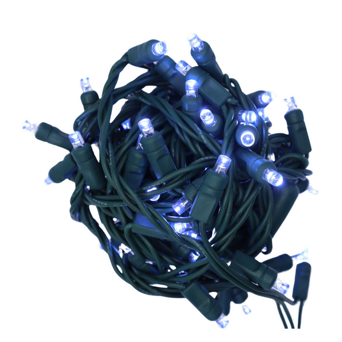 LED Mini Lights in Cool White with 4 inch spacing and 70 lights on green wire