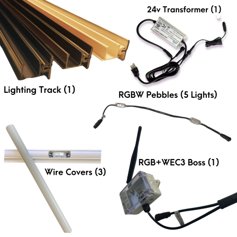 Minleon Permanent Holiday Lighting Demo Kit components including Pebble LED sets, control boss, power supply, and track section