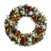 Red, white, and silver pre-decorated Christmas wreath illuminated with warm white lights