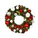 Red, white, and silver pre-decorated Christmas wreath illuminated with warm white lights