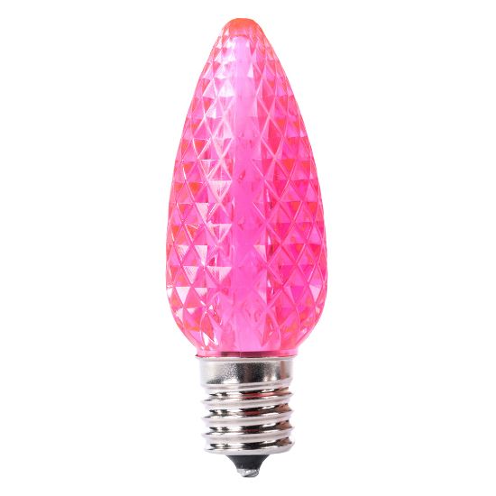 Bright pink C9 SMD LED Christmas bulb with faceted lens and E17 base, featuring saturated color, 360 degree illumination, and durable sealed construction for indoor and outdoor professional displays.
