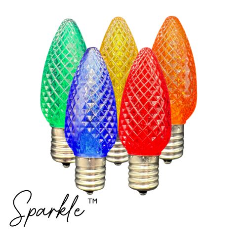 Sparkle C9 Multi Faceted SMD Bulbs in amber, blue, green, red, and yellow colors