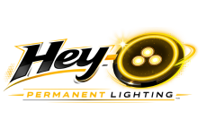 The official Hey-O Permanent Lighting logo representing a modern permanent lighting brand specializing in RGB roofline lighting, permanent holiday lighting, and architectural exterior lighting systems.