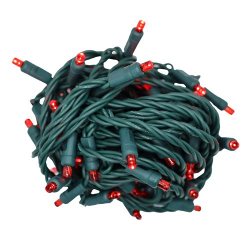 LED Coaxial Mini Lights Red with 6 inch spacing, 50 lights on green wire