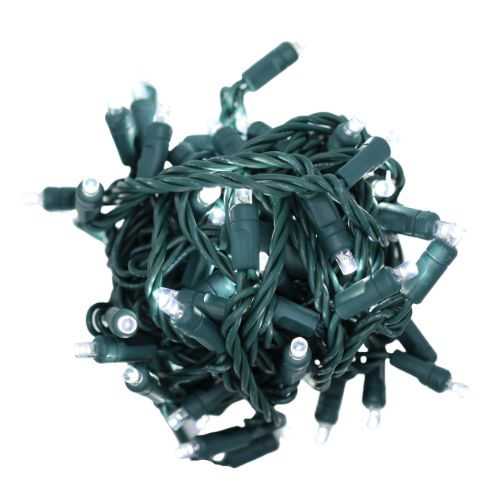 LED Mini Lights in Pure White with 6 inch spacing, 50 lights on green wire
