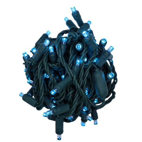 LED Mini Lights in Teal color with 4 inch spacing and 70 lights on green wire